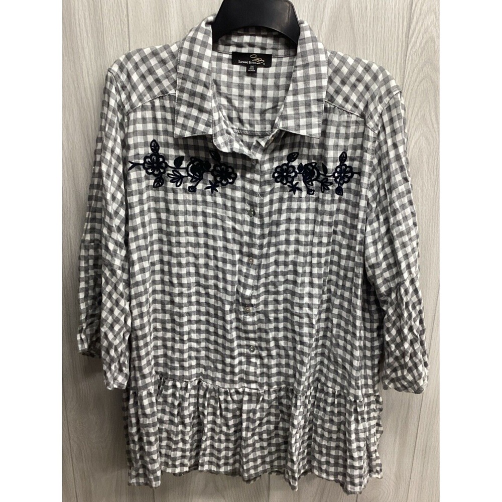 SUZANNE BETRO Women's (Size 3X) 3/4 Sleeve Button Down Collar Top Ruffle Accent